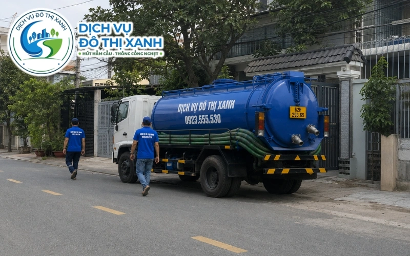 Kỹ thuật viên Đô Thị Xanh dò tìm nắp thăm hầm cầu bị che dưới nền nhà phố Tân An