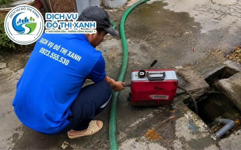 Nhân viên Đô Thị Xanh kiểm tra để phân biệt bồn cầu nghẹt, cống tắc và hầm đầy tại Châu Thành