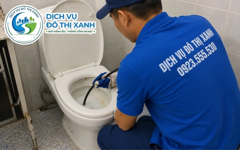 Kỹ thuật viên Đô Thị Xanh kiểm tra để phân biệt bồn cầu nghẹt và bể tự hoại đầy tại Long Hồ