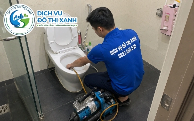 Kỹ thuật viên phân biệt bồn cầu nghẹt và hầm đầy tại homestay Châu Thành