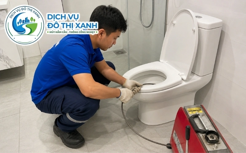 Kỹ thuật viên phân biệt bồn cầu nghẹt và bể tự hoại đầy tại dãy trọ Lấp Vò