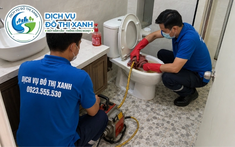 Thông bồn cầu Long Mỹ, Đô Thị Xanh chẩn đúng từ đầu 1 lần 2 Kỹ thuật viên Đô Thị Xanh kiểm tra để phân biệt bồn cầu nghẹt và hầm cầu đầy tại Long Mỹ