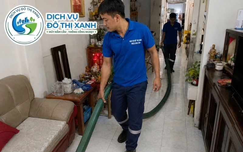 Kỹ thuật viên phân biệt hầm cầu đầy và đường ống nghẹt cho hộ dân Cầu Kè