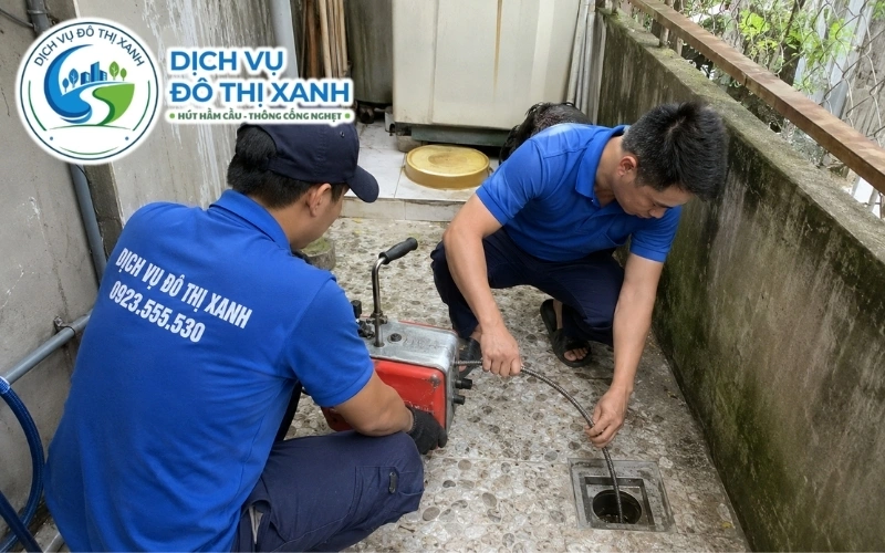 Kỹ thuật viên phân định cống nghẹt, bồn cầu tắc và hầm đầy tại Tân Hưng