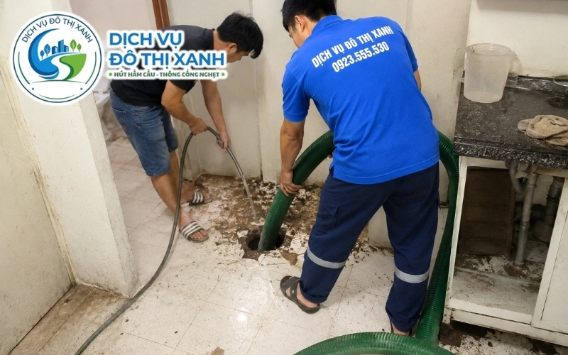 Kỹ thuật viên Đô Thị Xanh kiểm tra để phân biệt sự cố hầm cầu, bồn cầu và cống tại An Biên