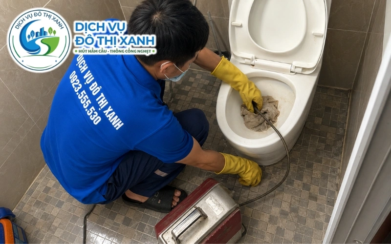 Nhân viên Đô Thị Xanh hướng dẫn hộ dân Thạnh Trị phòng tránh bồn cầu nghẹt