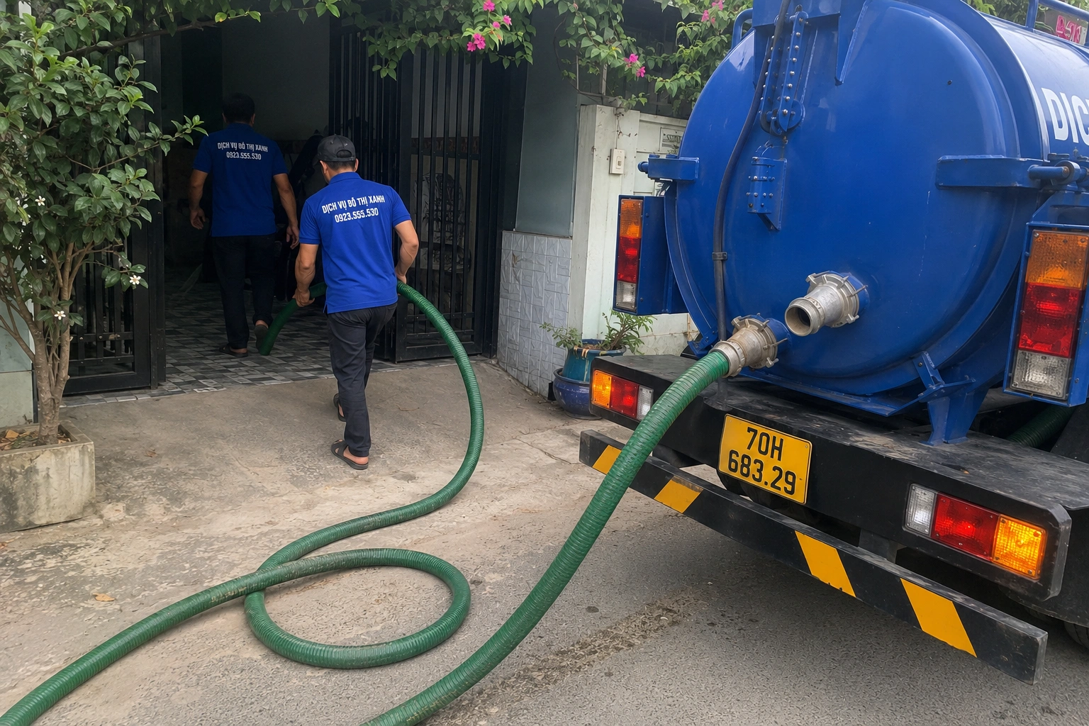 Nhân viên Đô Thị Xanh thực hiện quy trình đo bùn, hút đáy và nghiệm thu hầm cầu tại Tân Châu Tây Ninh