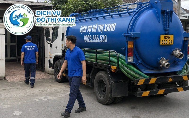 Đội thợ Đô Thị Xanh thực hiện quy trình hút hầm cầu và bàn giao tại Thủ Thừa