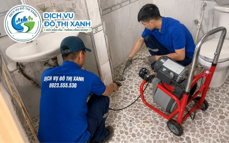 Kỹ thuật viên Đô Thị Xanh xả thử nghiệm thu sau khi thông cống tại Thanh Bình