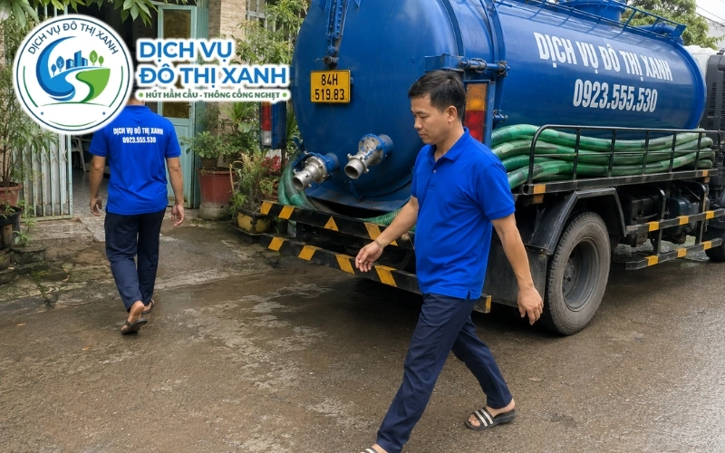 Kỹ thuật viên Đô Thị Xanh kiểm tra rễ cây xâm nhập hầm cầu nhà vườn tại Cầu Kè