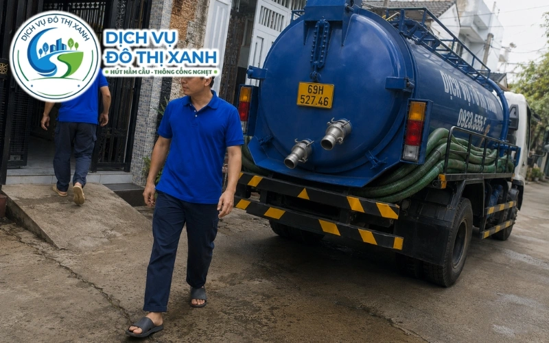 Xe hút hầm cầu Đô Thị Xanh phục vụ định kỳ cho khu trọ và vựa cá Sông Đốc