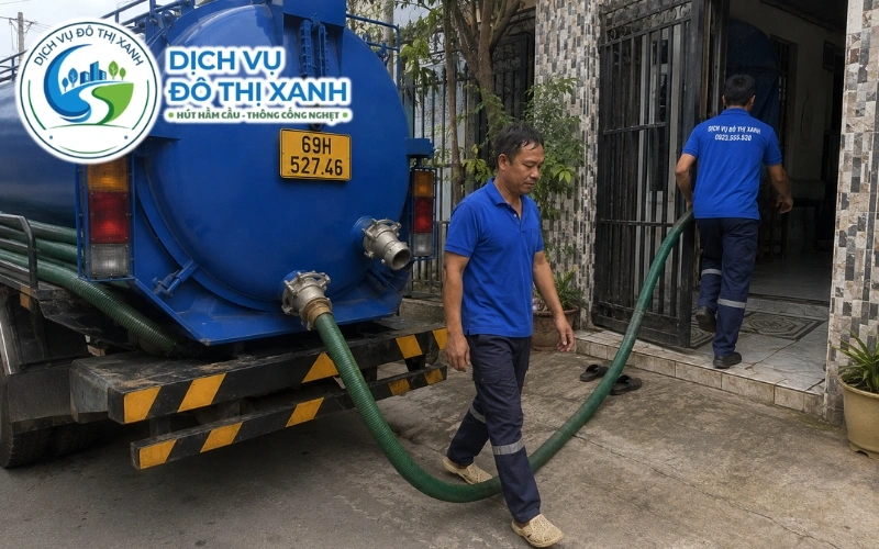 Nhân viên Đô Thị Xanh rút hầm cầu trước mùa mưa tại Thới Bình