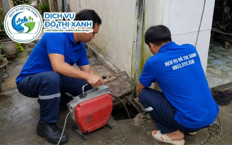 Kỹ thuật viên Đô Thị Xanh soi camera đánh giá ca làm sạch hay phải sửa đường ống tại Phú Giáo