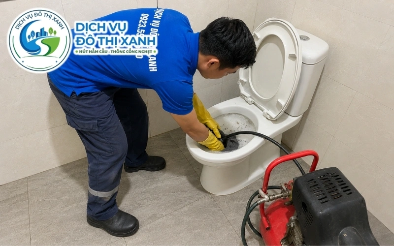 Kỹ thuật viên dùng ống soi xác định dị vật trước khi xử lý bồn cầu tại Thạnh Trị