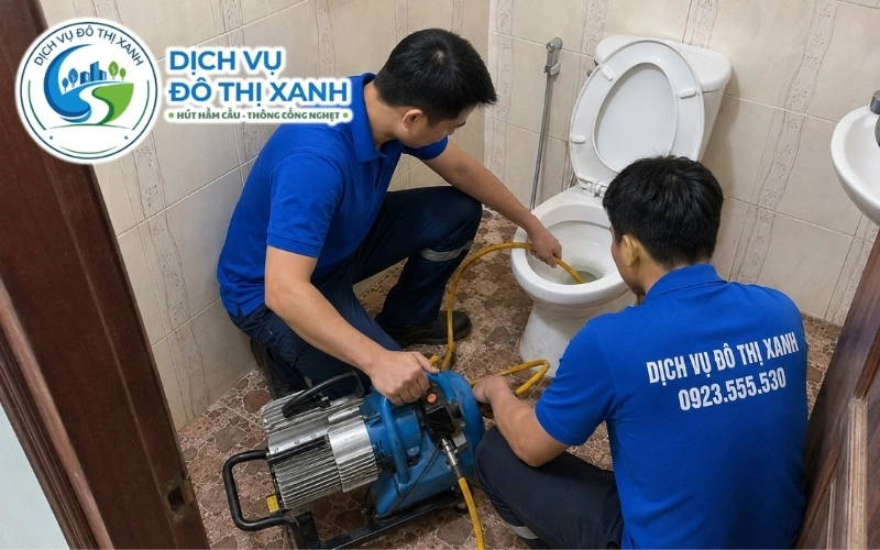Đội thợ Đô Thị Xanh thông bồn cầu quán ăn tại Bình Minh trong giờ trưa đông khách