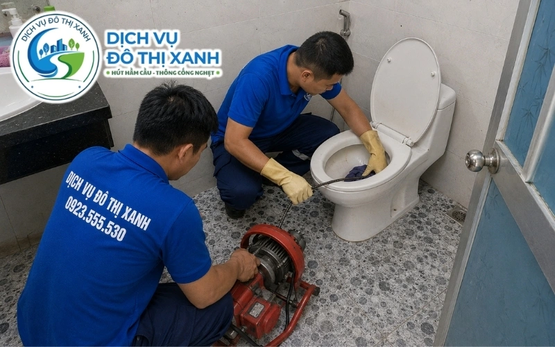 Kỹ thuật viên Đô Thị Xanh xử lý bồn cầu nghẹt cho quán mặt tiền quốc lộ tại Châu Thành A