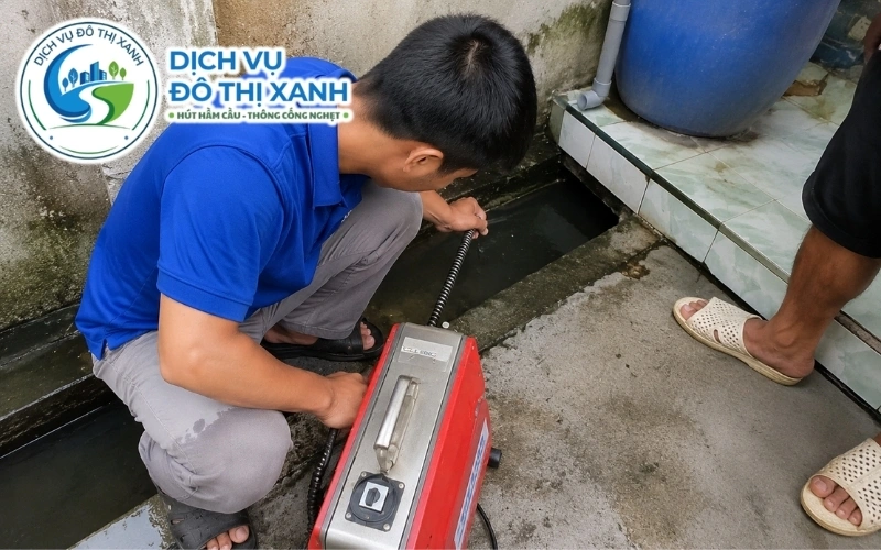 Kỹ thuật viên Đô Thị Xanh dùng máy áp lực cao thông cống bếp ăn tại Đông Phước