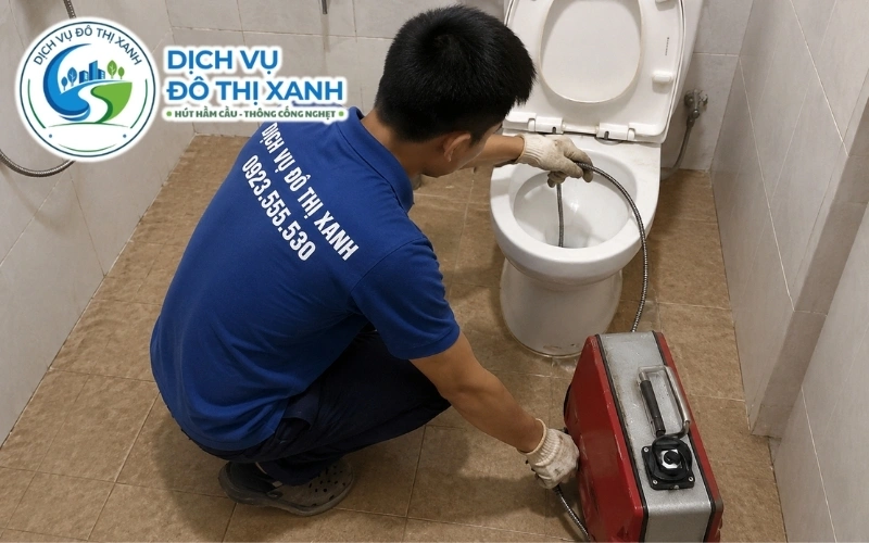 Kỹ thuật viên Đô Thị Xanh thông ống hơi bồn cầu trên mái nhà tại An Bình, Hồng Ngự