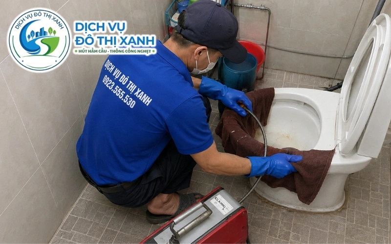 Hộ dân xã Hưng Điền tự xử bồn cầu nghẹt nhẹ sau khi được hướng dẫn qua điện thoại