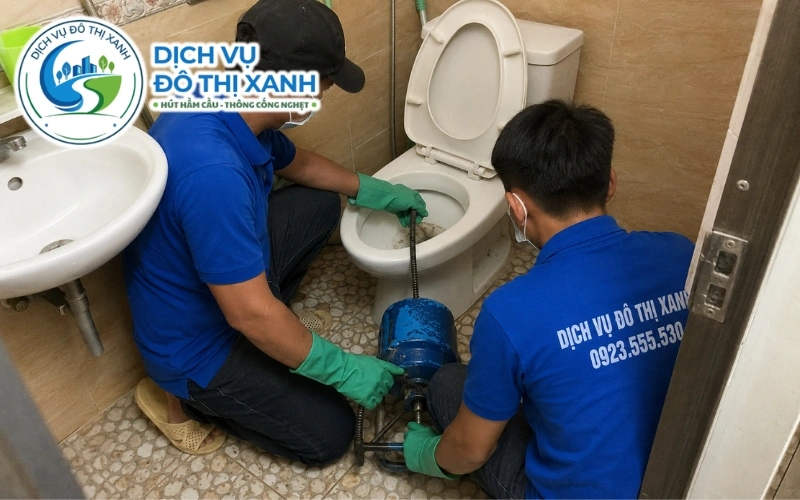 Đội thợ Đô Thị Xanh phục vụ thông bồn cầu tại các xã vùng Vũng Liêm