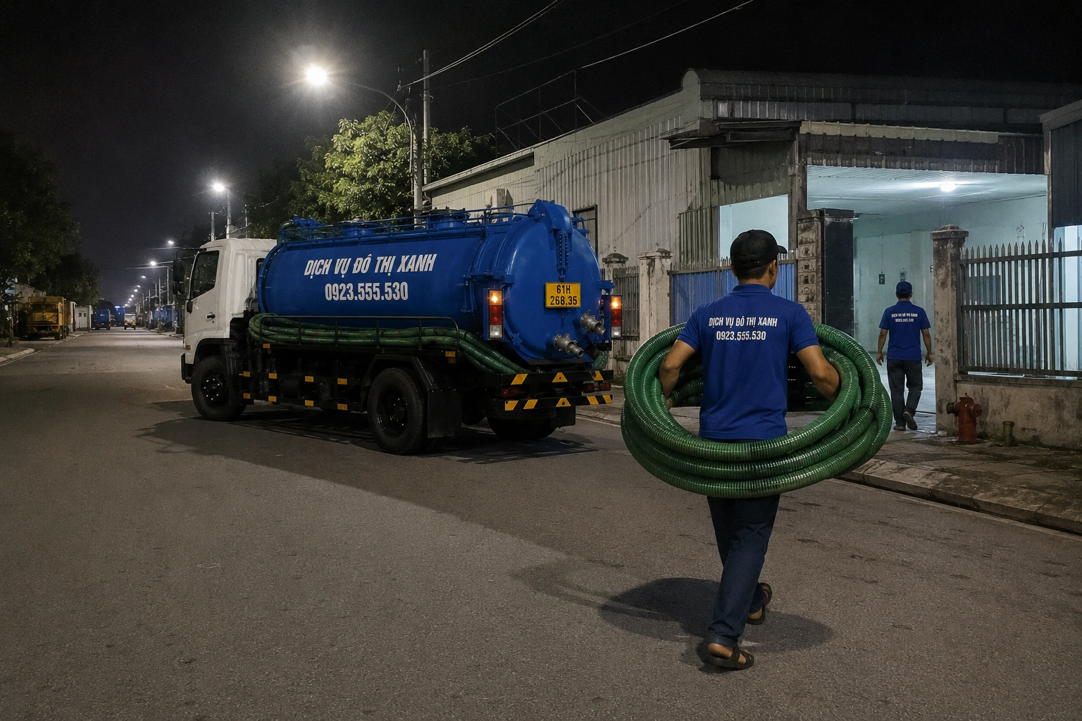 Xe Đô Thị Xanh vận chuyển chất thải hầm cầu rời khu dân cư Dầu Tiếng để đưa tới nơi xử lý