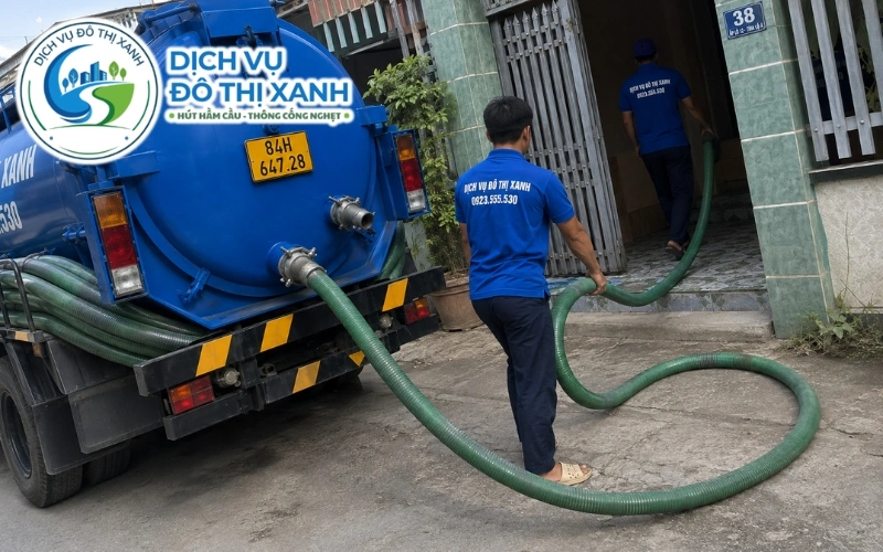Xe bồn Đô Thị Xanh qua phà phục vụ hút hầm cầu tại các xã cù lao Châu Thành