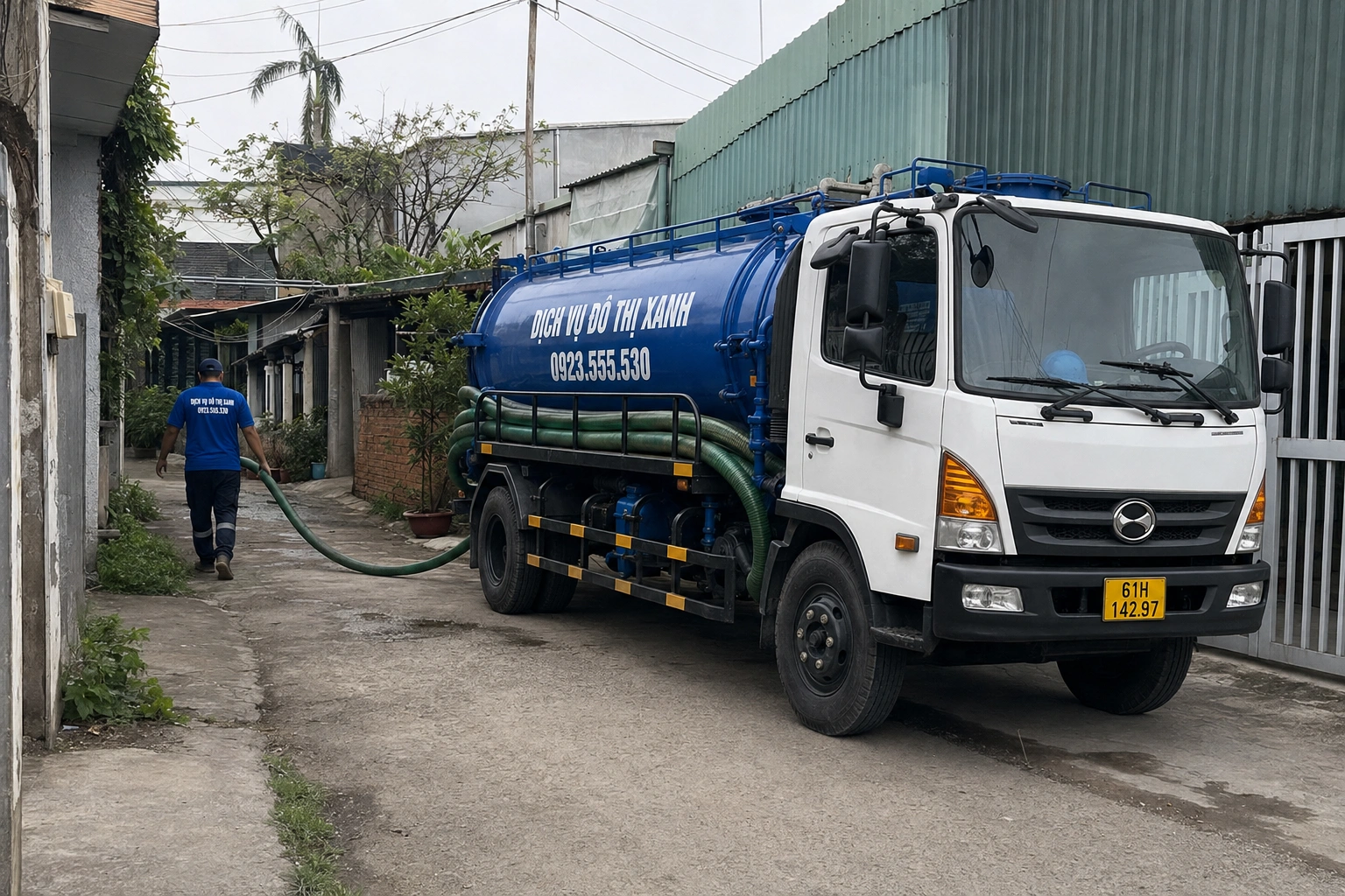 Xe hút hầm cầu Đô Thị Xanh vào khu nhà xưởng Tân Uyên theo lối và vị trí đậu đã khảo sát