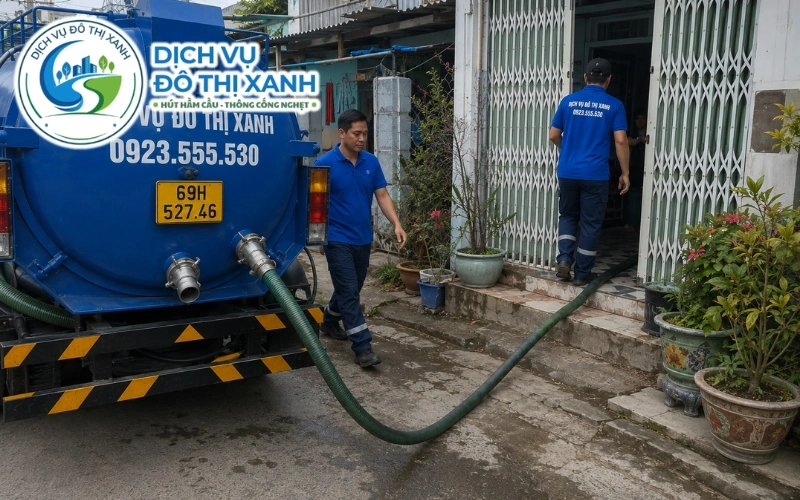 Xe hút hầm cầu Đô Thị Xanh kéo ống vào nhà ven vuông tôm dọc ĐT986B