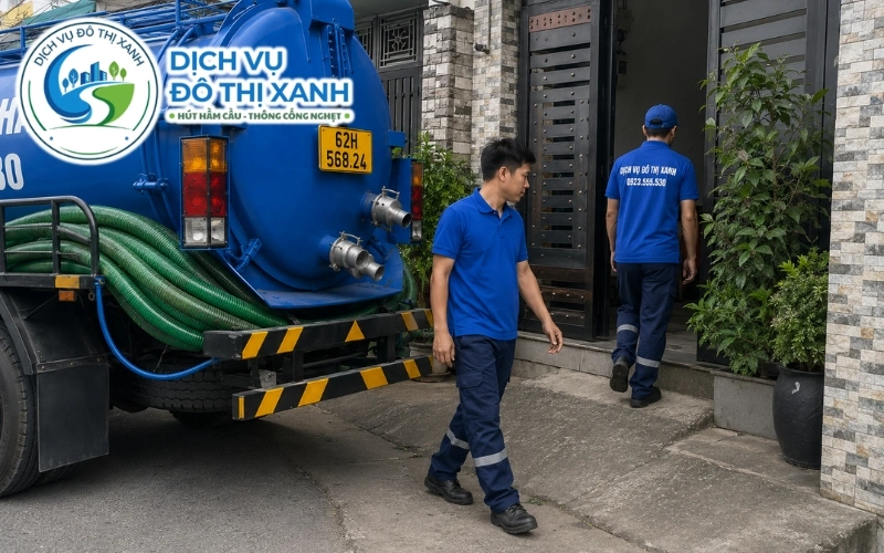 Nhân viên Đô Thị Xanh xử lý lớp mỡ đông trong bể quán ăn quanh chợ Kiến Tường