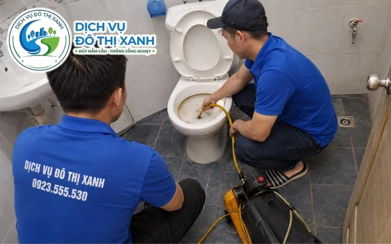 Nhân viên Đô Thị Xanh xử lý bồn cầu trào tại phòng số 7 của dãy trọ Lấp Vò