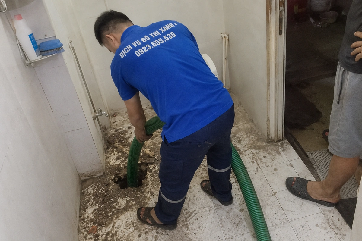 Đưa ống hút vào hầm dưới nền nhà vệ sinh