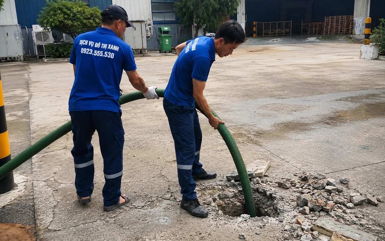 Nhân viên đưa ống hút vào hầm ngoài sân