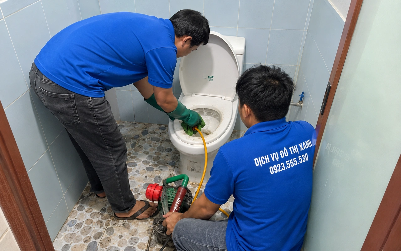 Nhân viên đưa ống vào lòng bồn cầu