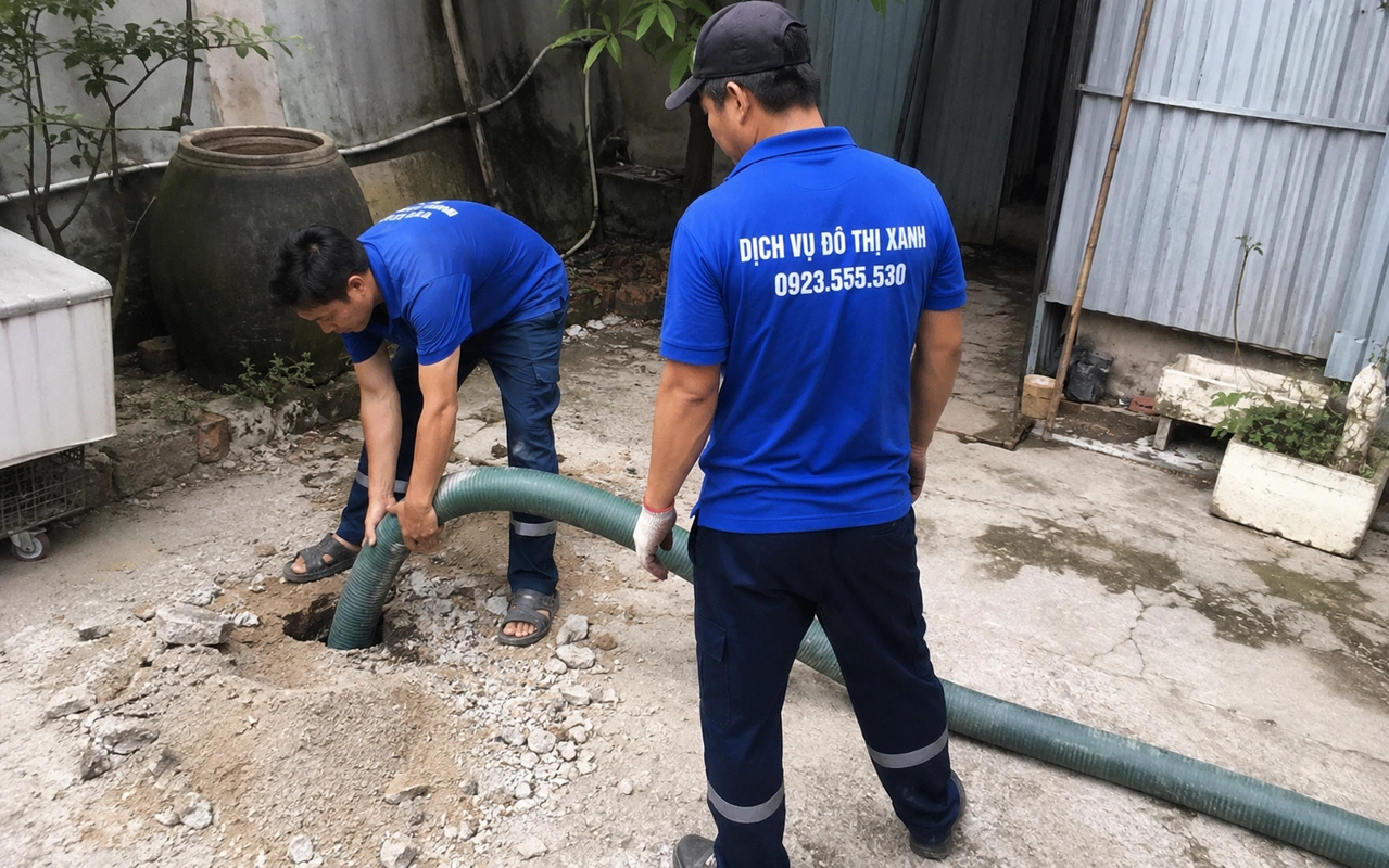 Hai nhân viên thao tác ống hút ngoài sân