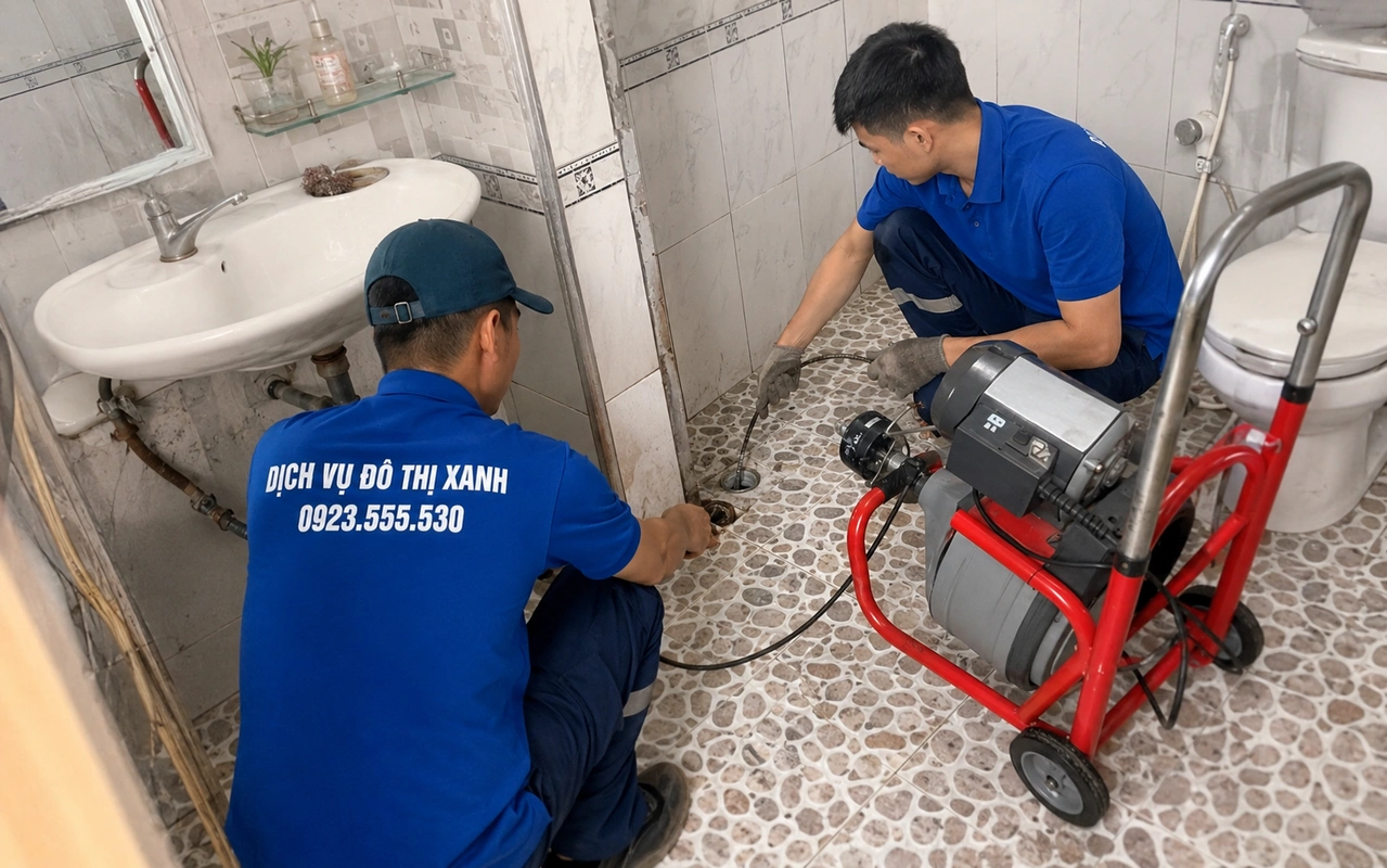 Hai nhân viên sử dụng máy lò xo thông cống sàn nhà vệ sinh