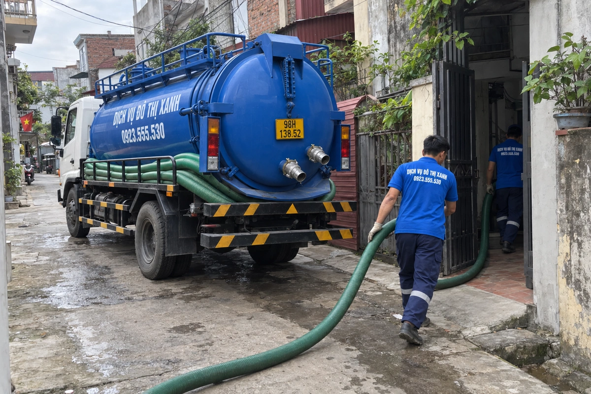 Nhân viên kéo ống hút bể phốt qua cổng nhà