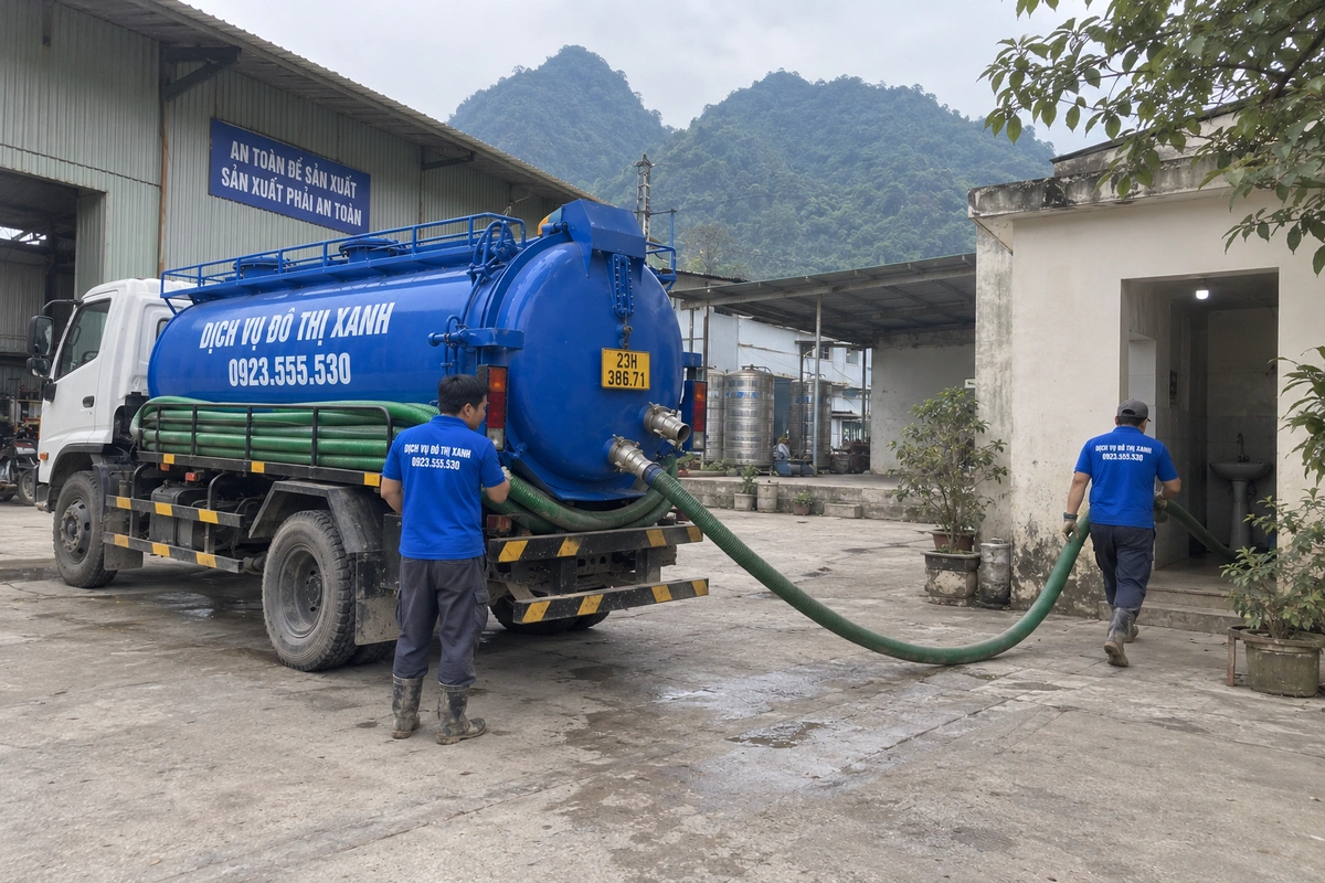 Nhân viên kéo ống bên xe hút bể phốt