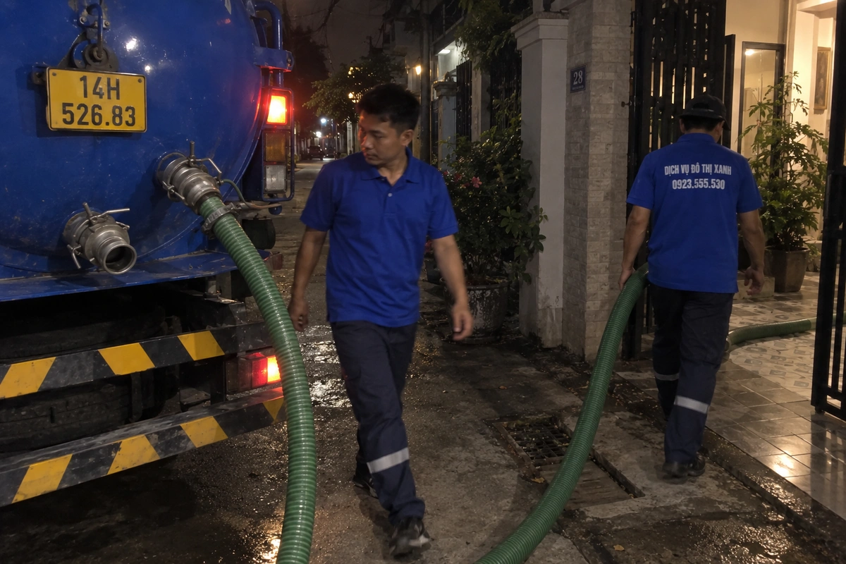 Hút hầm cầu Quảng Ninh: kiểm tra và nghiệm thu rõ ràng 2 Nhân viên kéo ống hút hầm cầu ban đêm