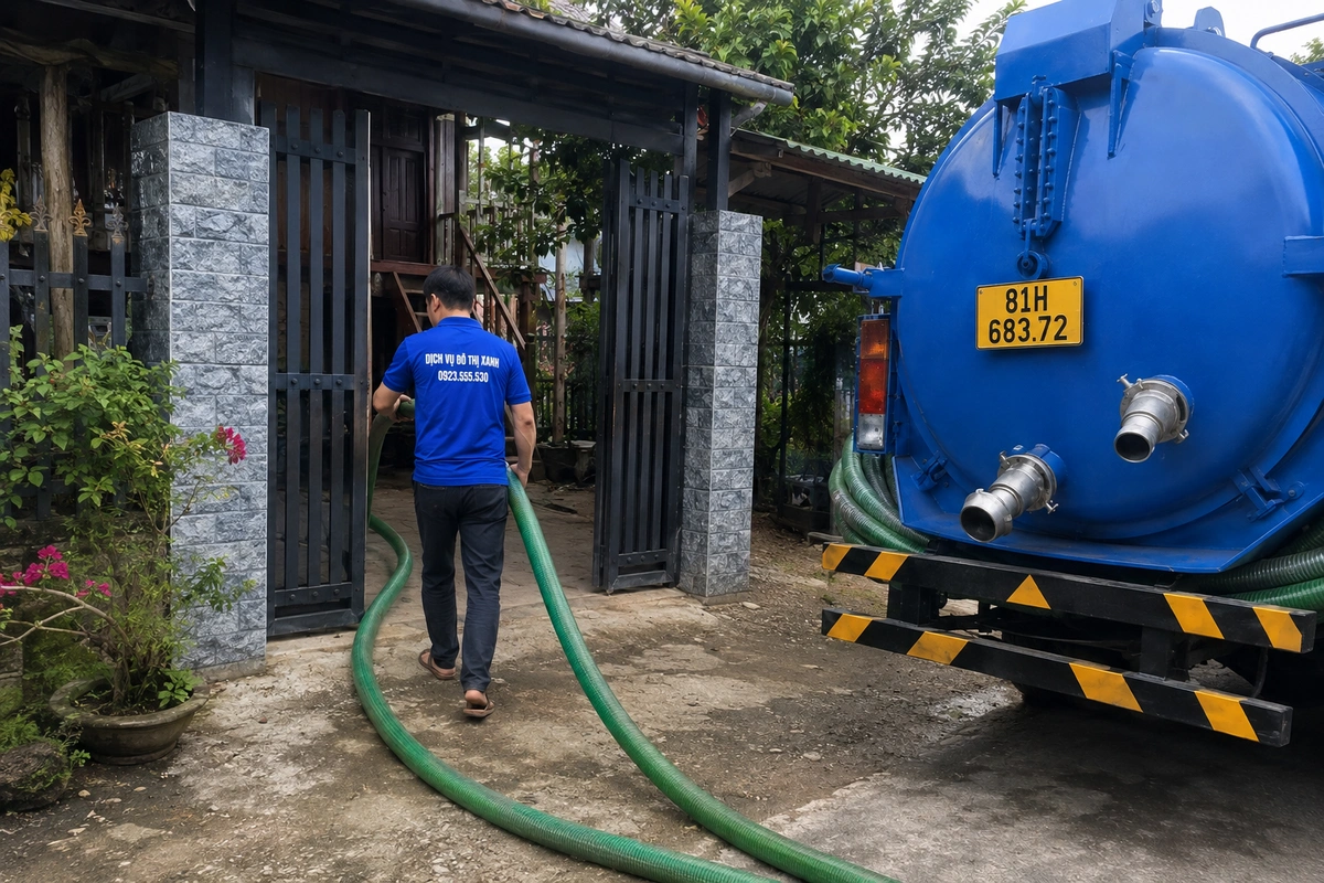 Hút hầm cầu Gia Lai: mùa khô cặn đặc, địa bàn trải rộng 4 Nhân viên kéo ống hút qua cổng nhà