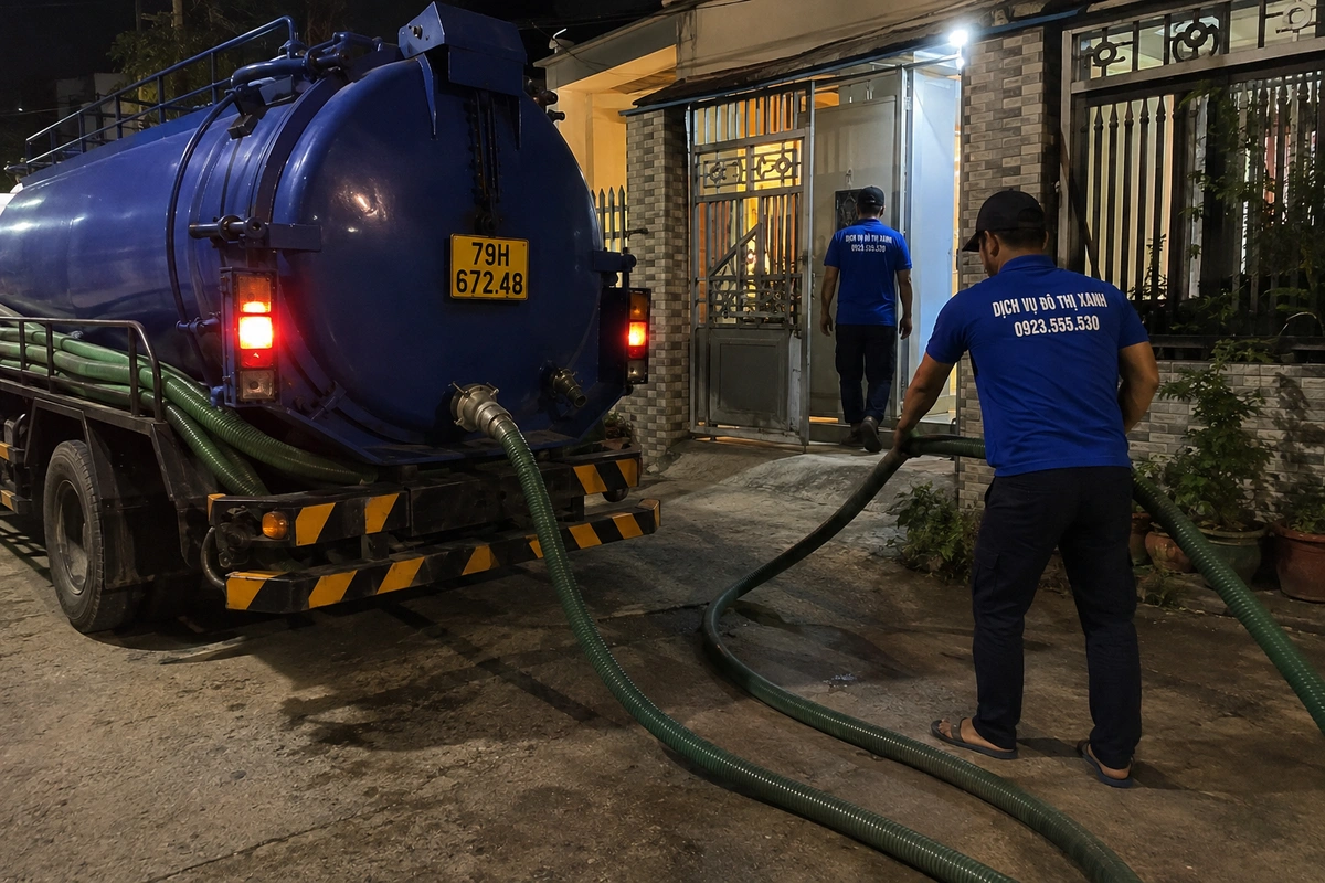 Nhân viên kéo ống hút bên xe bồn ban đêm