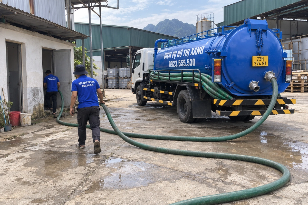 Nhân viên kéo ống hút bên xe bồn tại công trình