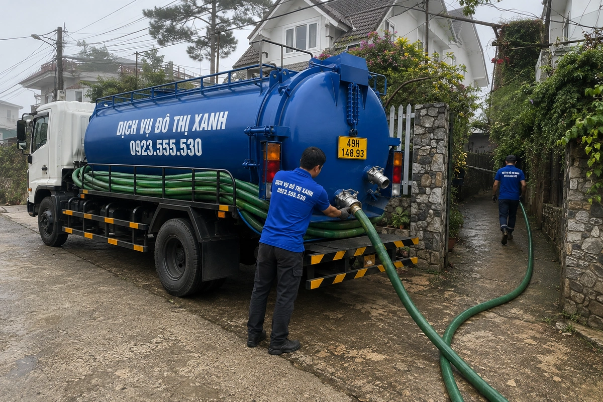Hút hầm cầu Lâm Đồng cho lưu trú Đà Lạt, vùng rau hoa 2 Nhân viên kéo ống hút từ xe bồn qua lối vào nhà