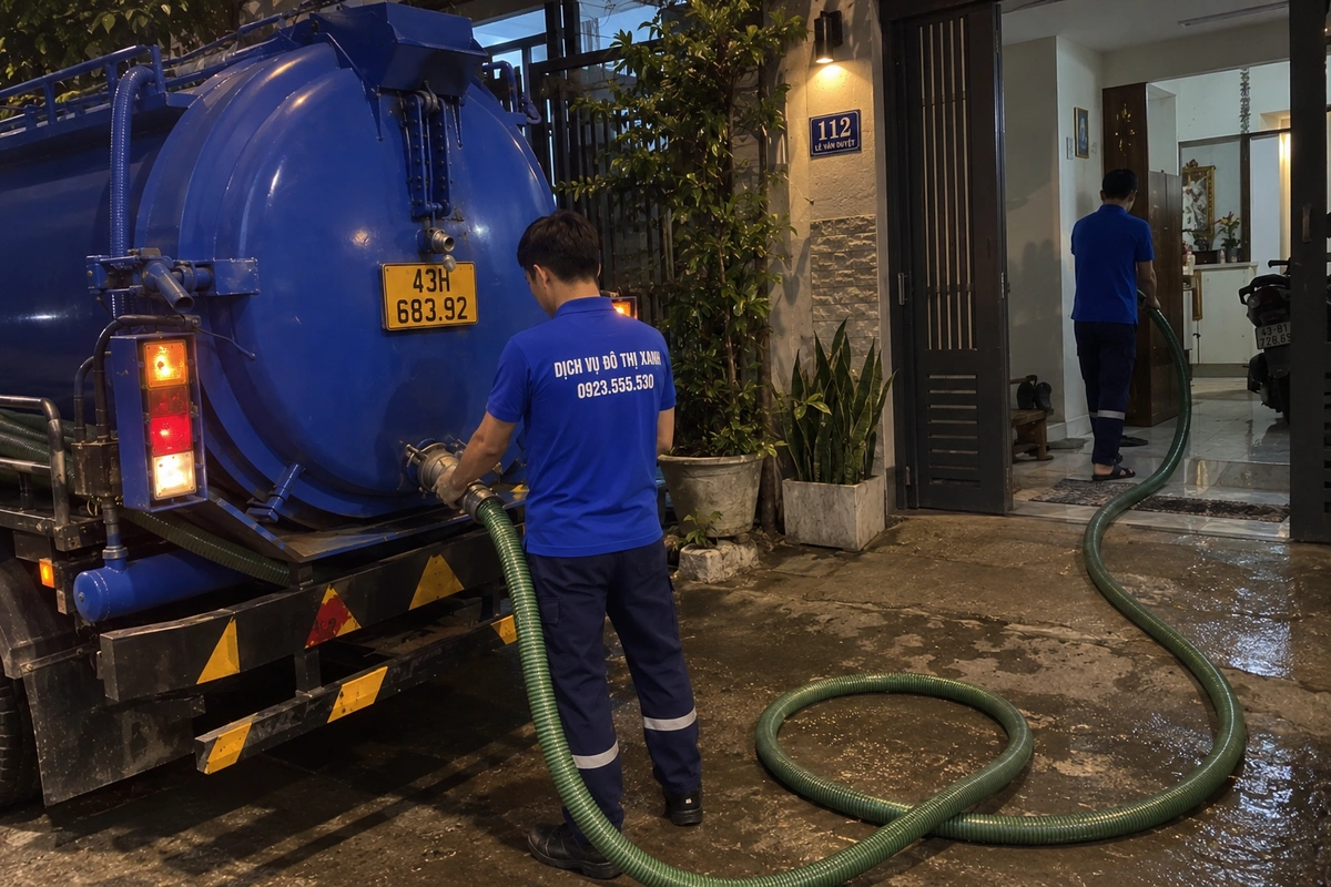 Nhân viên kéo ống hút hầm cầu từ xe vào nhà dân