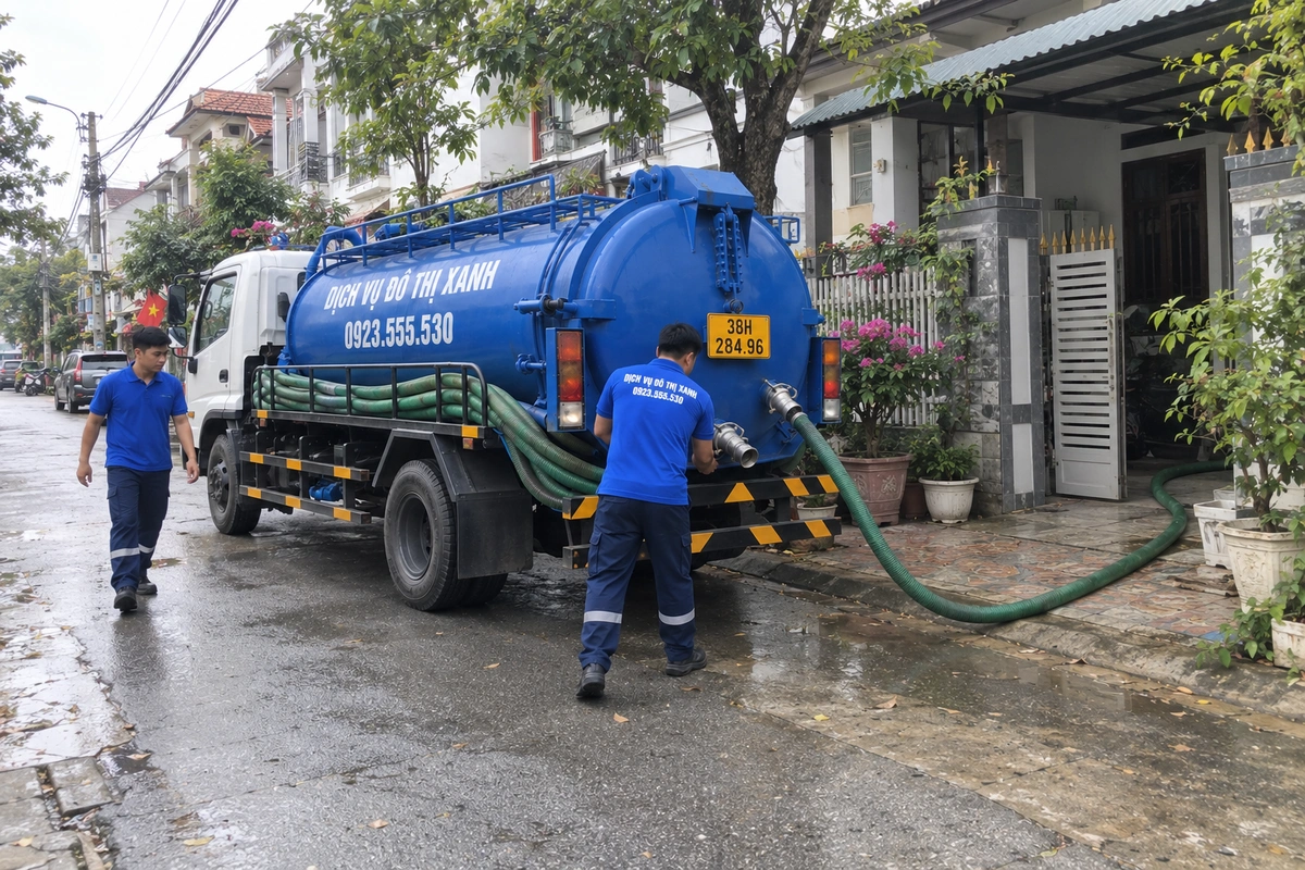 Nhân viên kéo ống hút hầm cầu vào nhà tại Hà Tĩnh