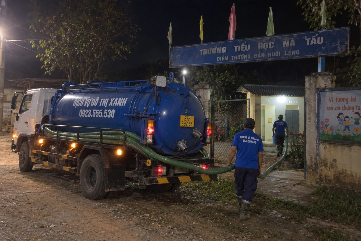 Hút bể phốt Điện Biên Phủ | Đô Thị Xanh 3 Nhân viên kéo ống từ xe hút bể phốt qua cổng