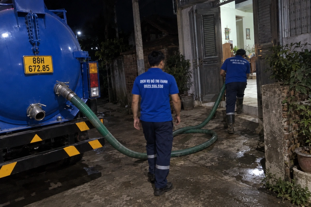 Hút bể phốt Phúc Yên: báo phương án theo hiện trạng 4 Nhân viên kéo ống từ xe hút bể phốt vào nhà