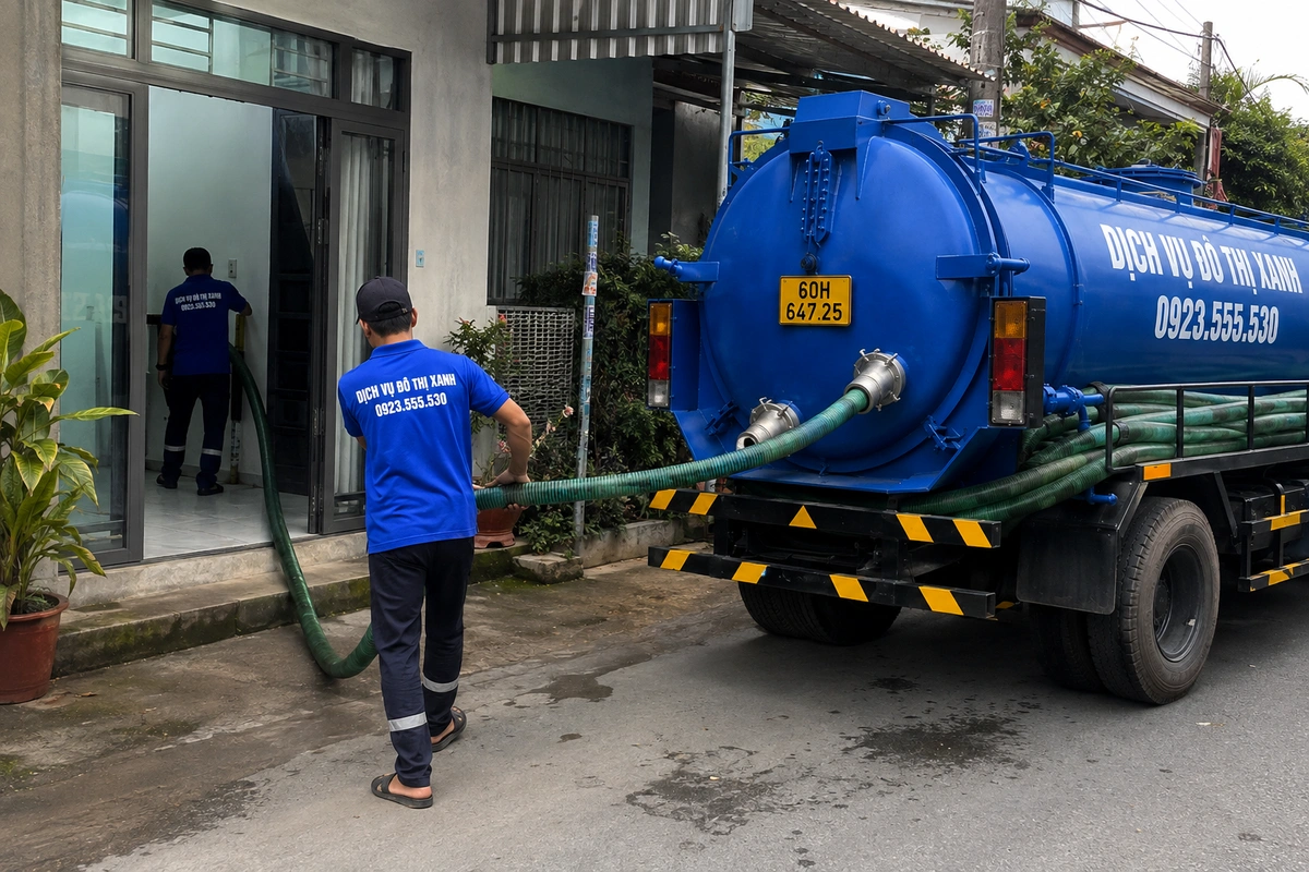 Hút hầm cầu Đồng Nai: khu trọ công nhân, hầm chung lớn 3 Nhân viên kéo ống từ xe hút hầm cầu vào nhà
