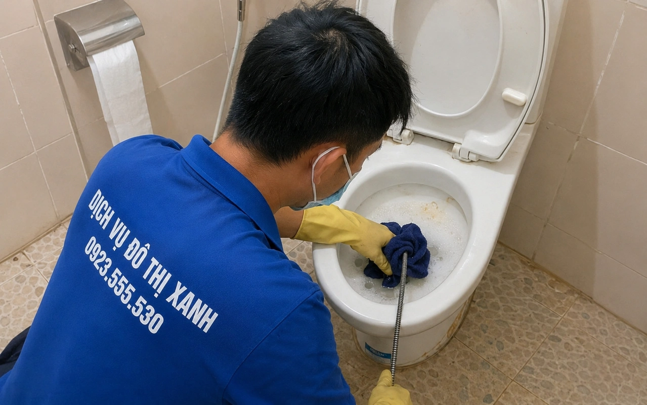 Thông bồn cầu Phước Long: kiểm tra đúng nguyên nhân trước khi xử lý 2 Nhân viên thao tác dây lò xo tại miệng bồn cầu