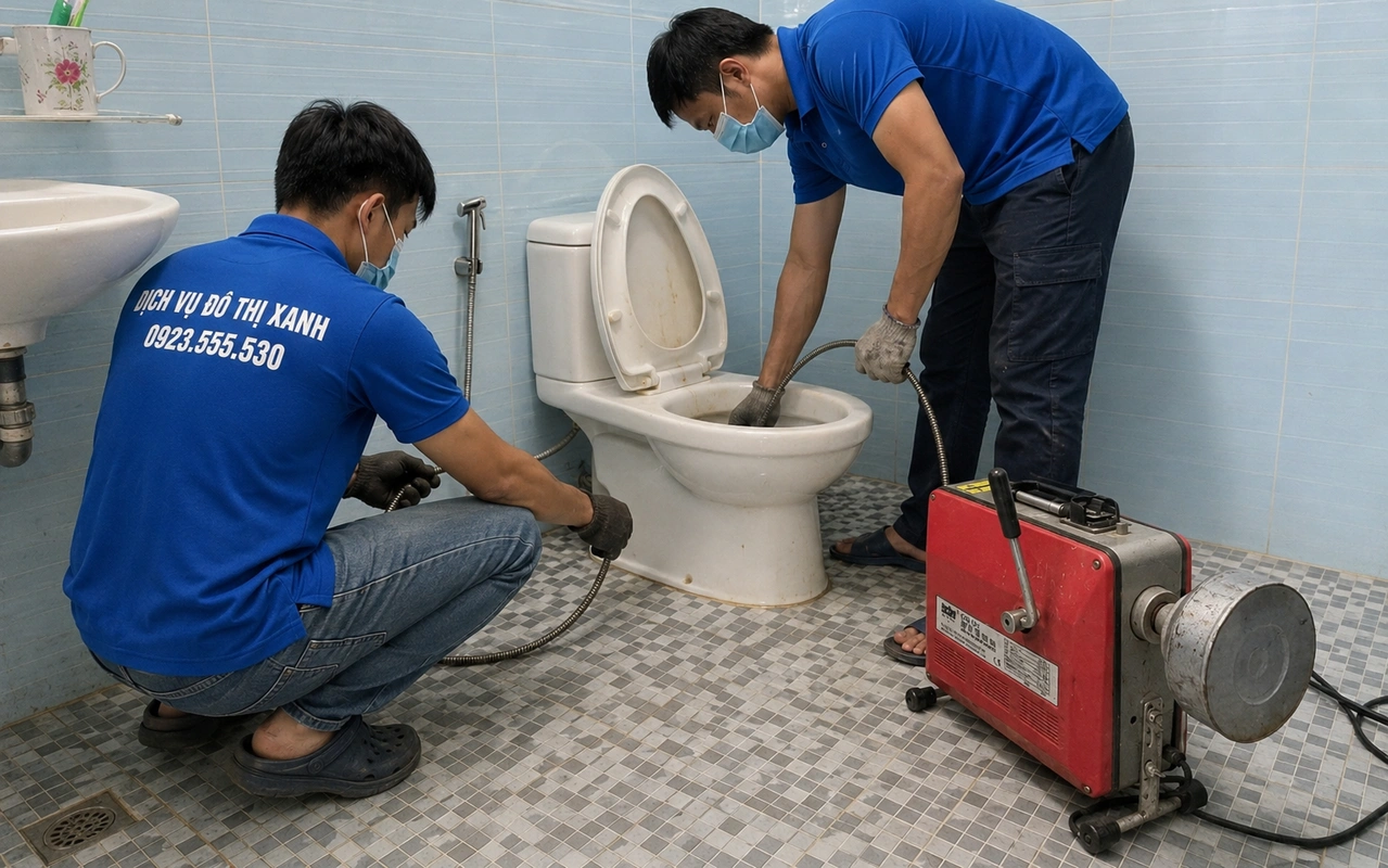 Thông bồn cầu Phước Long: kiểm tra đúng nguyên nhân trước khi xử lý 1 Kỹ thuật viên xử lý bồn cầu bằng máy lò xo
