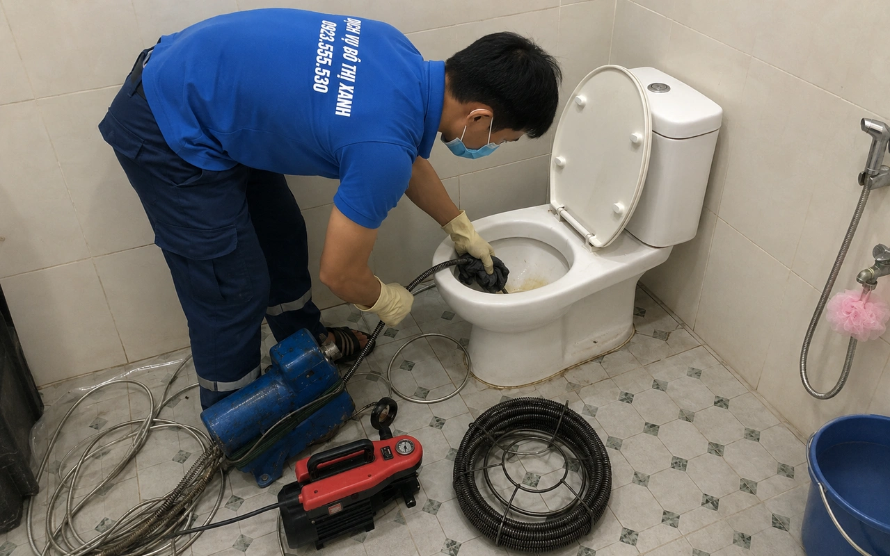 Thông bồn cầu Bình Định trực đêm mùa khách, chốt giá trước 3 Nhân viên thao tác máy lò xo để thông bồn cầu